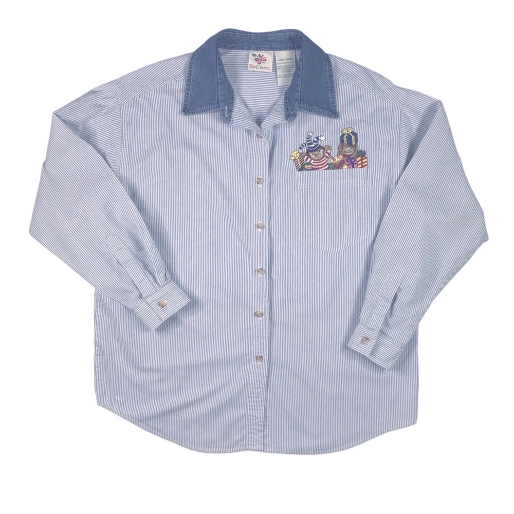 Vintage Embroidered Christmas Shirt Cat Teddy Bear SZ L Striped Cotton Whimsical